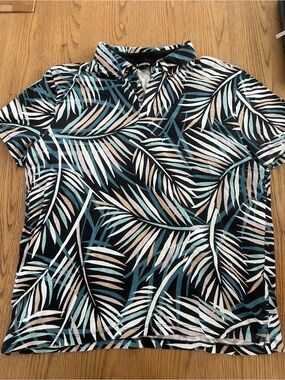 Express Black, Teal & White Palm-Print Button Polo